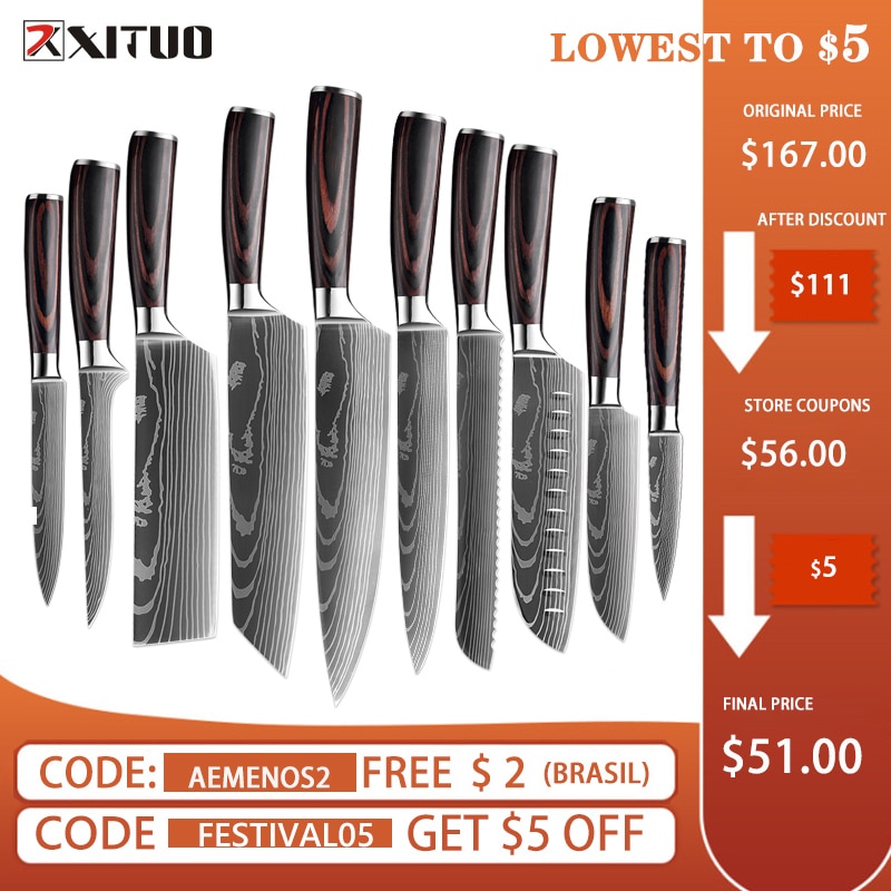 XITUO Chef knife 1-10Pcs Kitchen Knives Set Laser Damascus Pattern